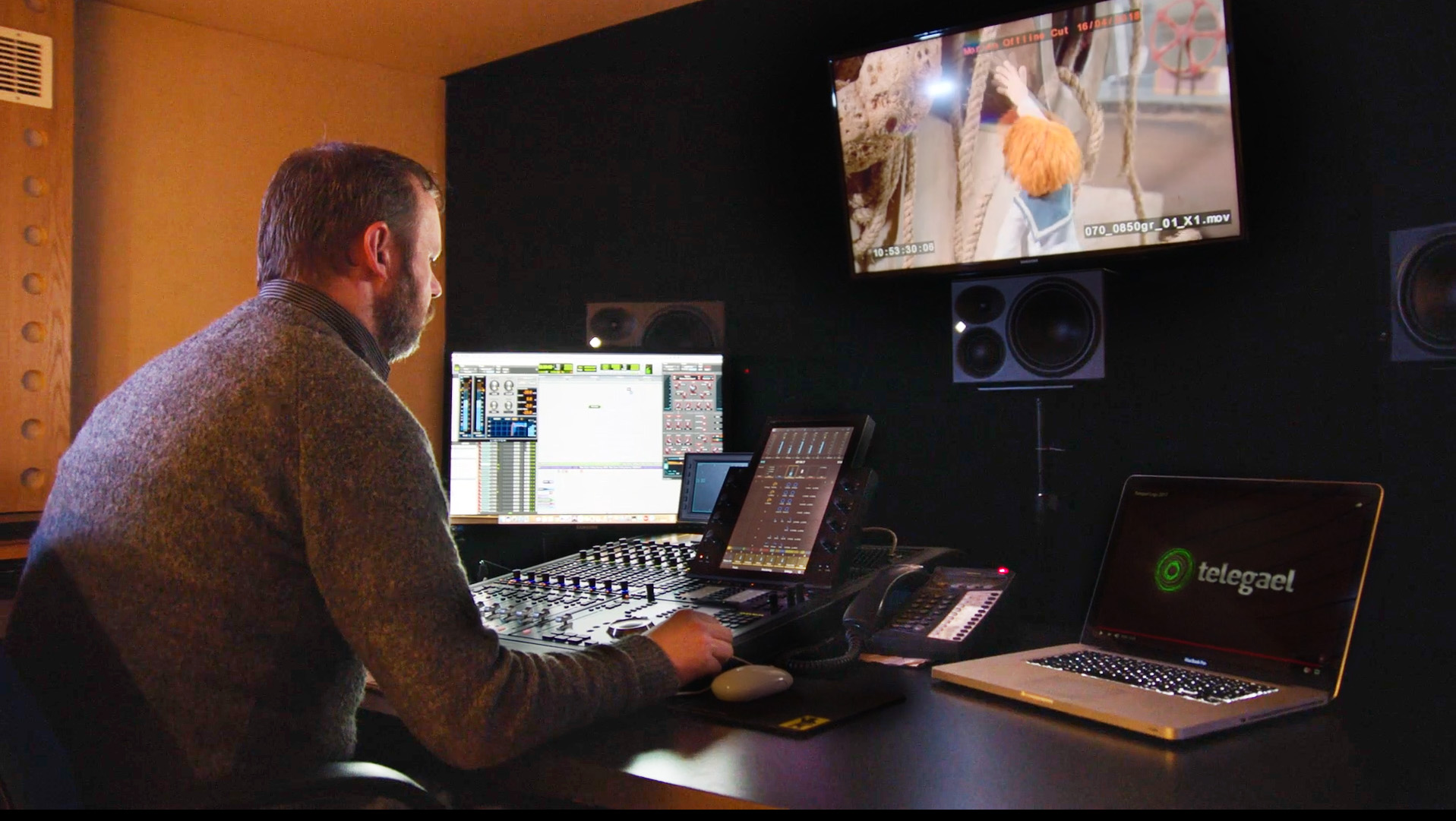 Mixing console at Parabolic Studios showing PC screen with ProTools and Cleanfeed