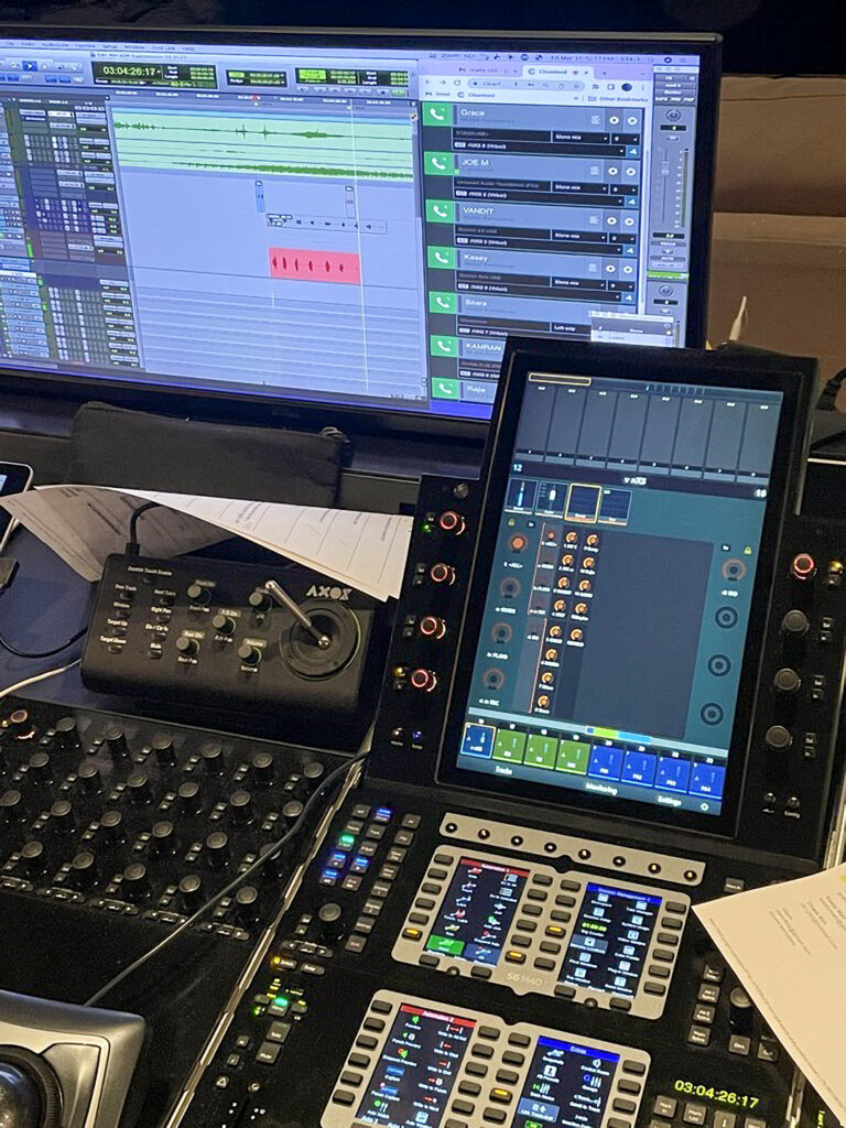 Mixing console at Parabolic Studios showing PC screen with ProTools and Cleanfeed