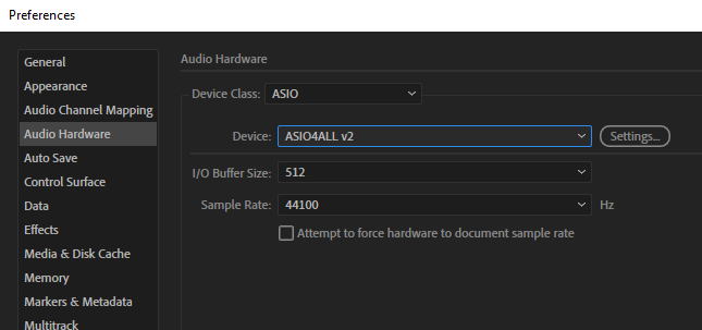 Selecting the correct ASIO audio device in
          Adobe Audition