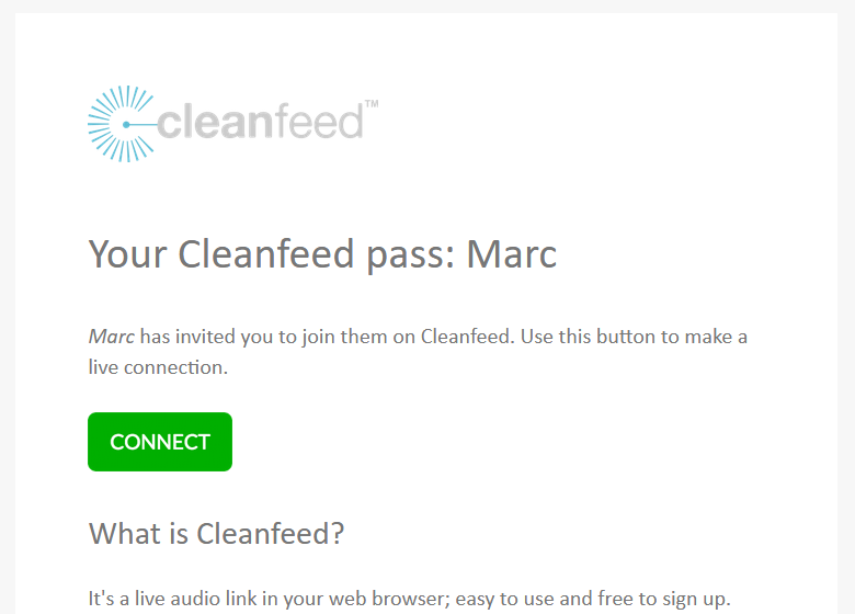 A view of the Cleanfeed invitation sent to a
          guest