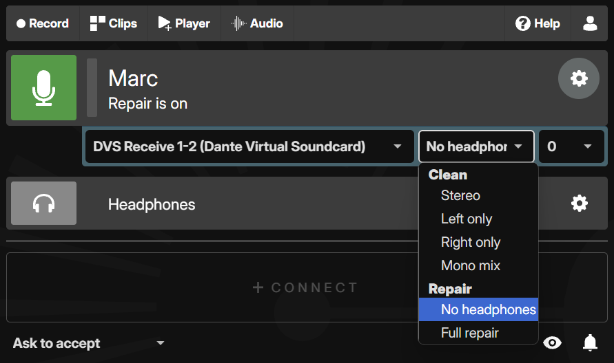 Audio settings menu with No Headphones
            highlighted