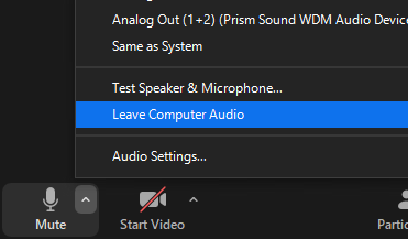 View of the Zoom audio menu; highlighted on
          Leave Computer Audio.