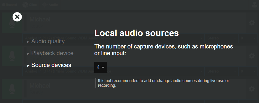Adding and removing audio sources in the audio
          menu