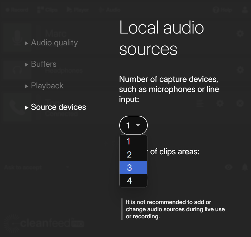 Adding and removing audio sources in the audio
          menu