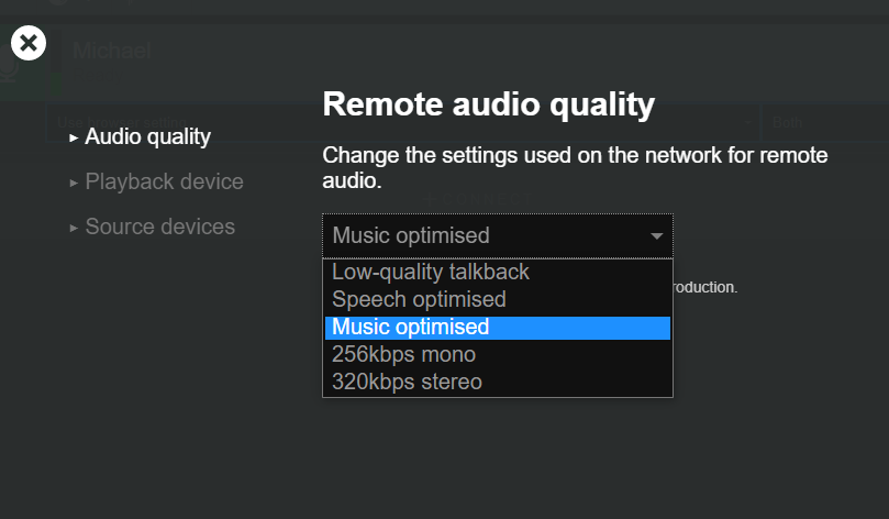 View of the remote audio quality dropdown
          menu
