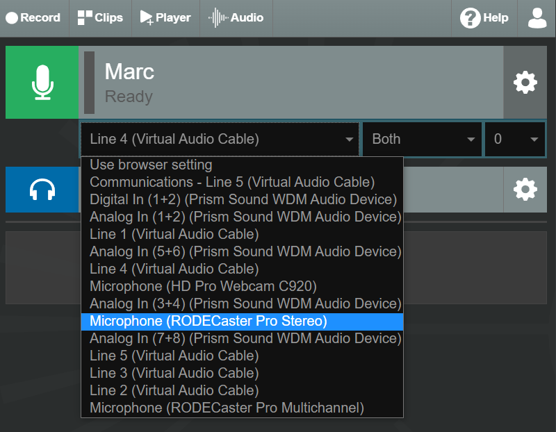 Selecting the RØDECaster Pro Stereo input