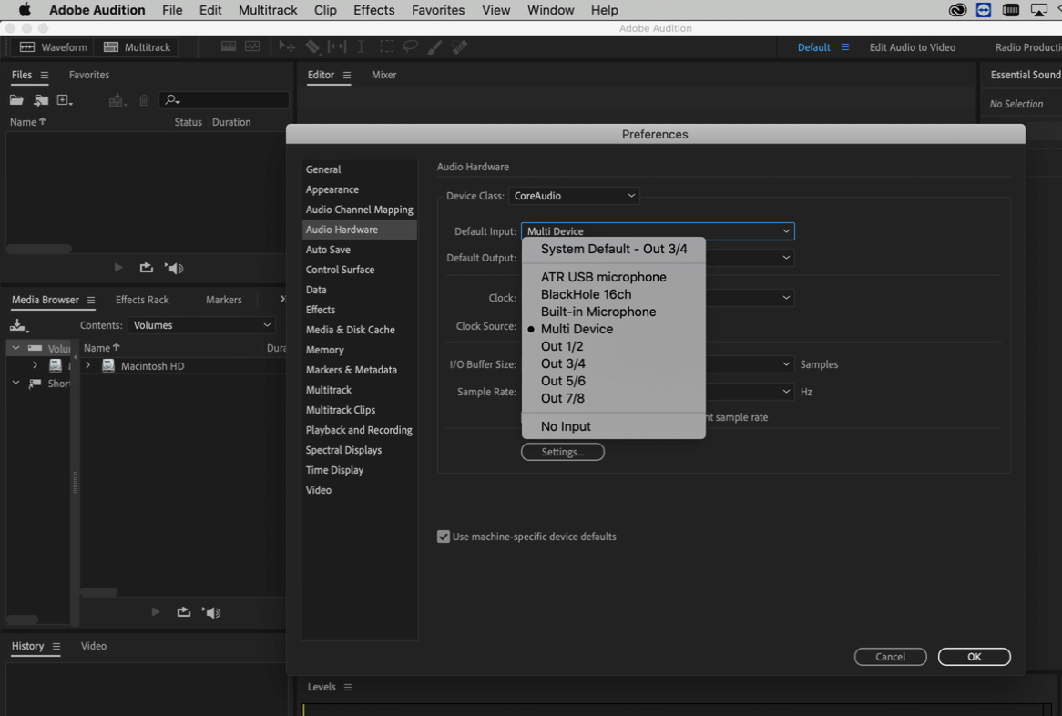 Selecting the Default Input and Default Output audio
          device in Adobe Audition