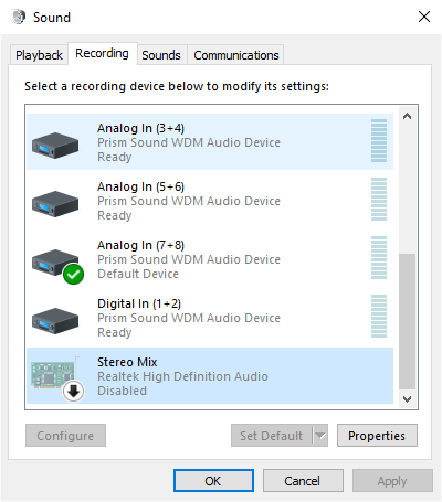 Windows sound settings, displaying the stereo mix
          device