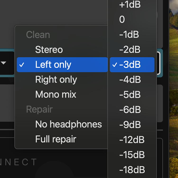 Cleanfeed Pro, selecting the channel mix level in decibels